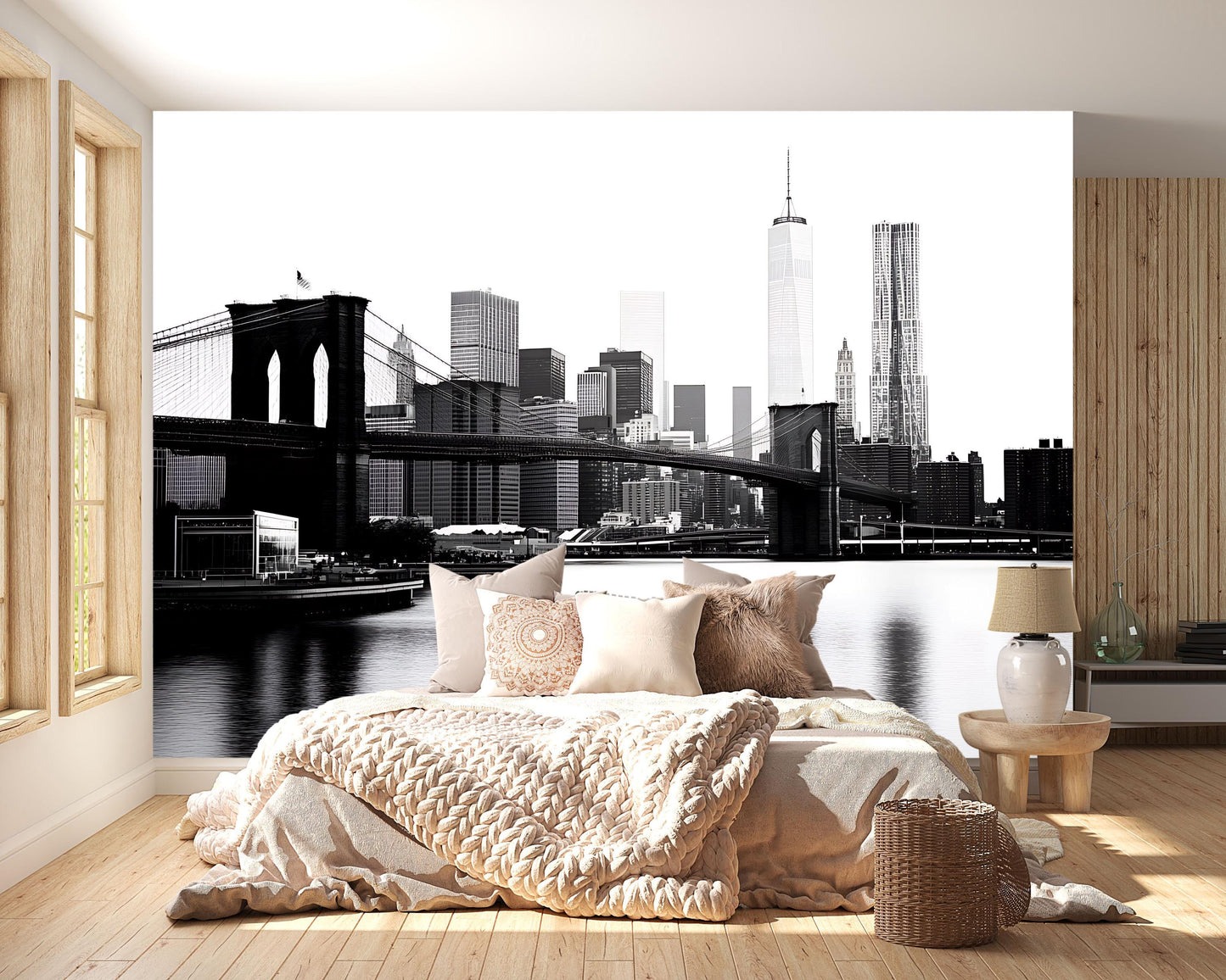 Brooklyn Bridge Wall Mural – NYC Skyline Black White Wallpaper, Modern City Art Vn886