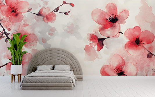 Watercolor Cherry Blossom Wall Mural – Pink Floral Bedroom Wallpaper – Japandi Style Flower Art – Modern Accent Wall Decor Vn346