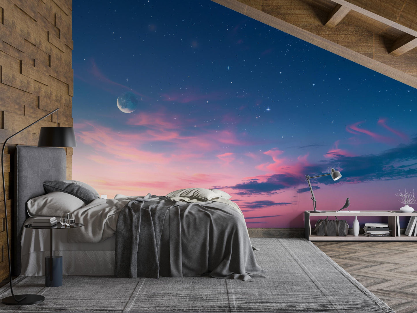 Moonlight Sky Wall Mural – Pink Sunset Clouds & Starry Night Wallpaper, Celestial Accent Wall Decor for Bedroom or Living Room Vn1079