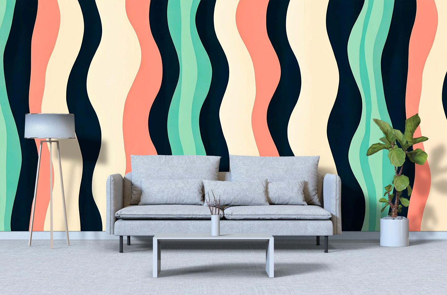 Retro Wavy Stripes Wallpaper – Mid Century Modern Wall Mural Vn1021