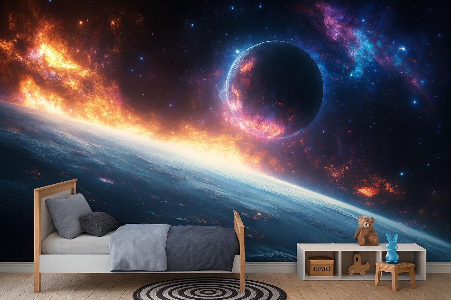 Cosmic Fire Planet Wall Mural – Space Galaxy Wallpaper for Kids Room Decor Vn870