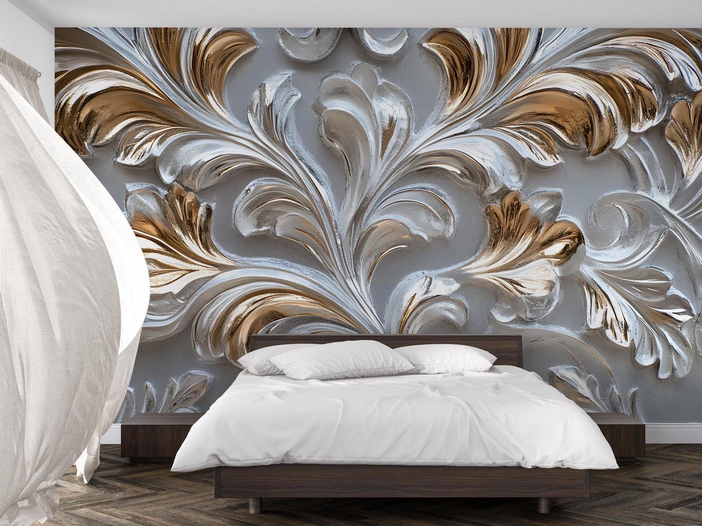 3D Baroque Floral Wall Mural, Elegant Gold & Silver Bedroom Art Decor Vn590