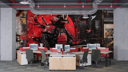 Modern Samurai Wall Mural - Bold Japanese Warrior Art for Office Decor | Red and Black Street Art Style Samurai Canvas Vn201