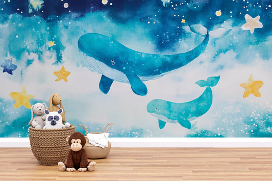 Whale Nursery Wall Mural – Ocean Baby Room Wallpaper – Underwater Sea Wall Art for Kids Room – Blue Whale Decor for Toddler Nursery Vn561