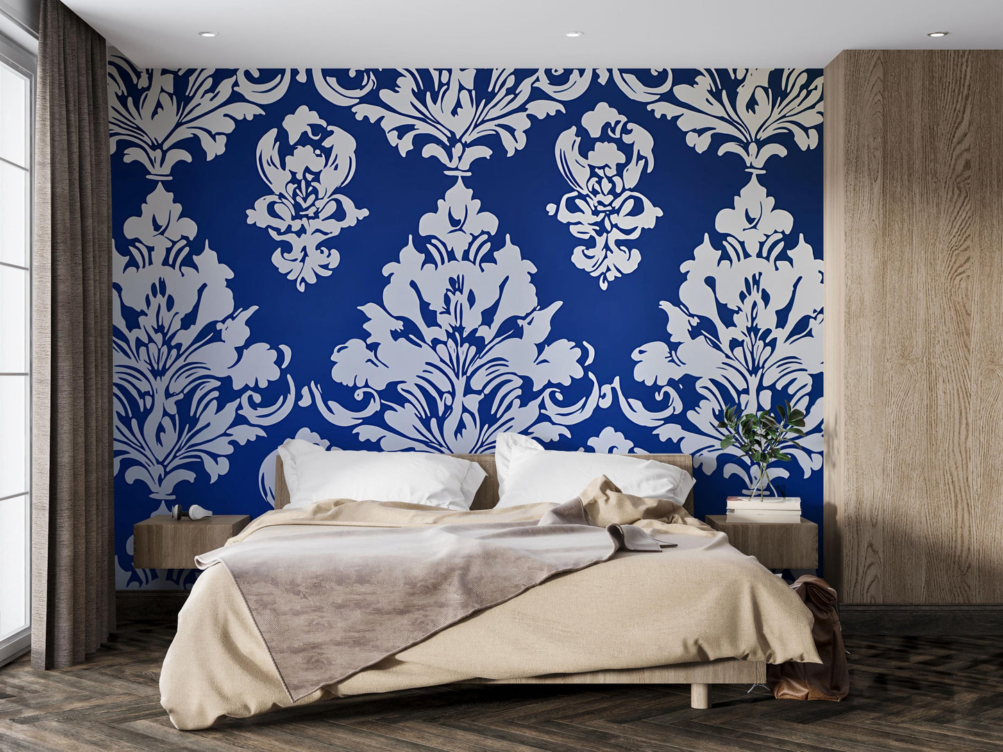 Bold Blue Damask Wallpaper | Baroque Floral Removable Wall Mural | Elegant Bedroom Accent Wall Decor | Peel and Stick Home Decor Vn632