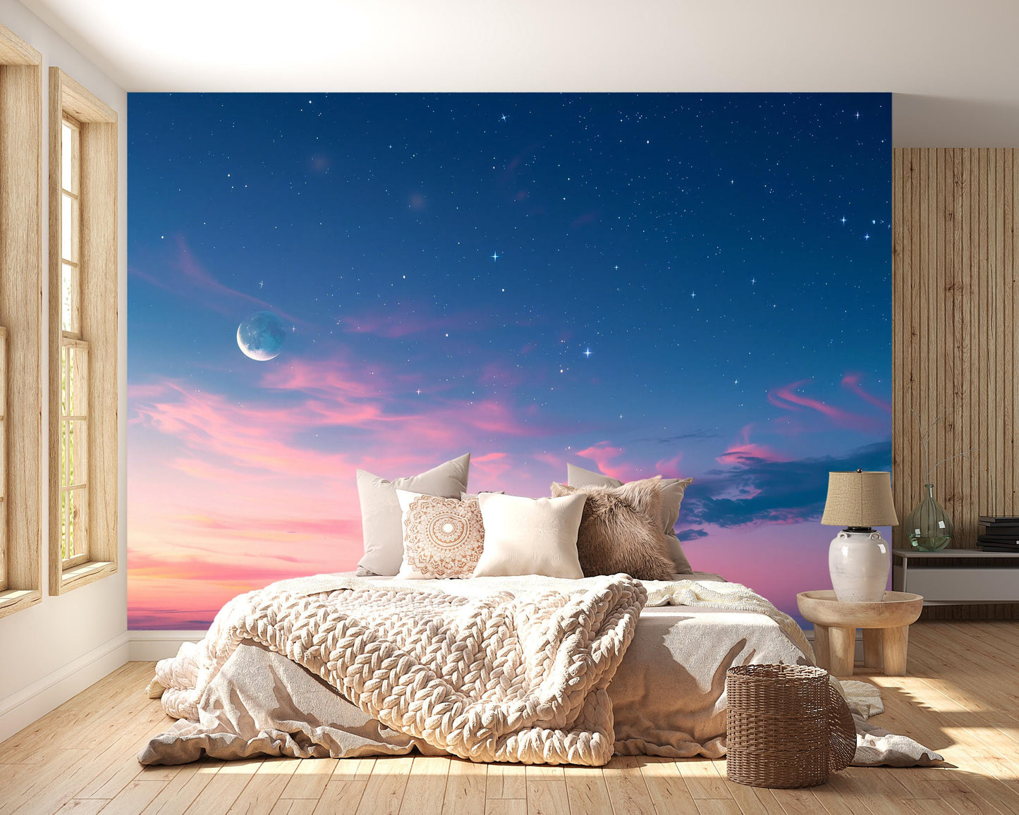 Moonlight Sky Wall Mural – Pink Sunset Clouds & Starry Night Wallpaper, Celestial Accent Wall Decor for Bedroom or Living Room Vn1079