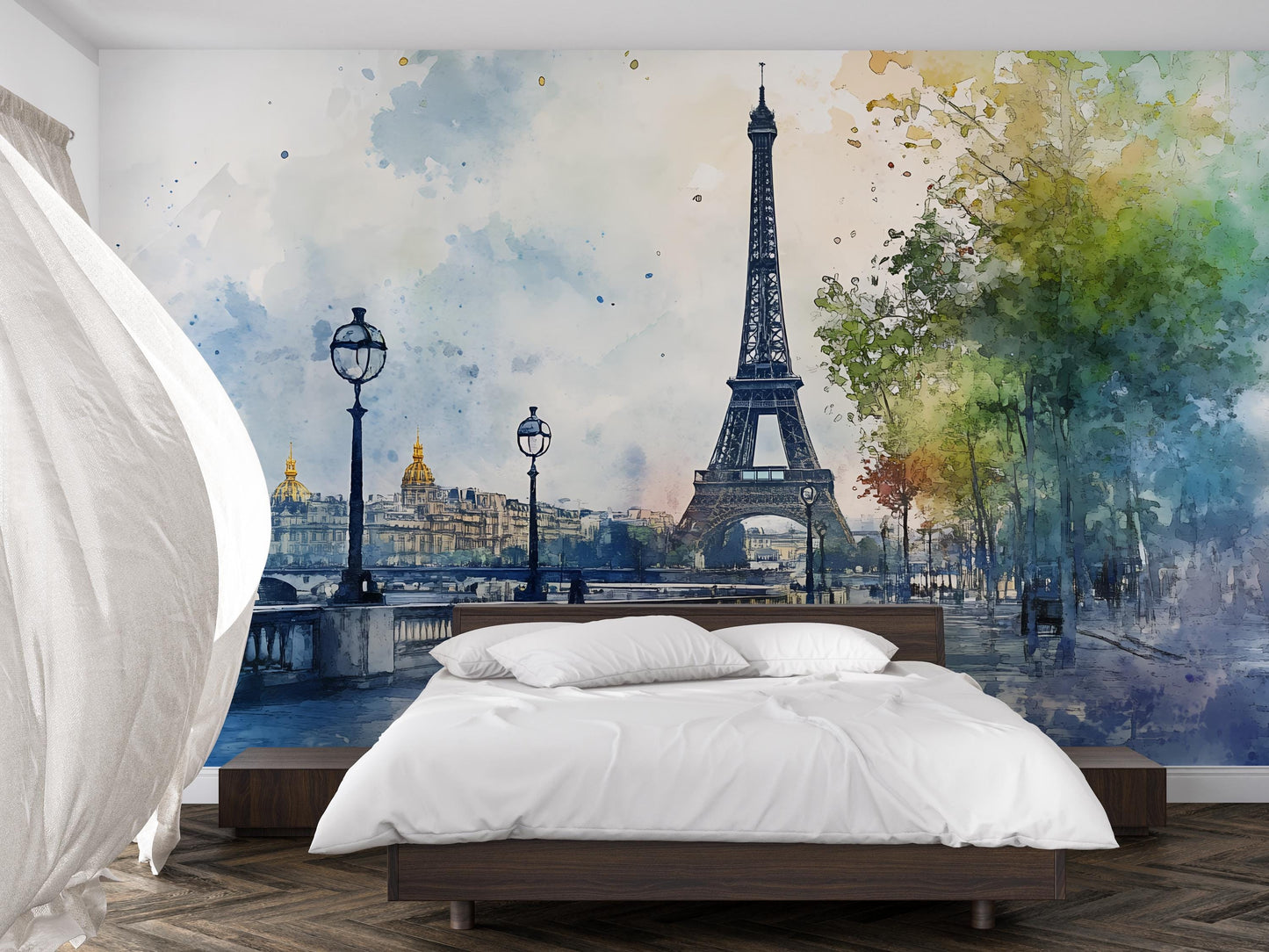 Eiffel Tower Wall Mural – Paris Watercolor Cityscape Wallpaper Vn928