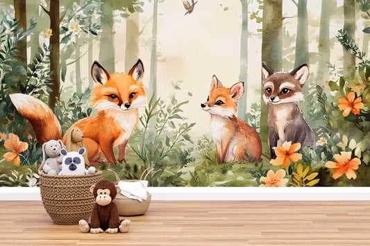 Woodland Forest Animal Nursery Wall Mural – Fox & Raccoon Wallpaper – Baby Room Decor – Gender Neutral Jungle Vn343
