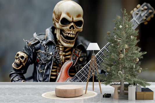 Skeleton Rock Guitarist Wall Mural – Heavy Metal Skull Art Poster – Gothic Punk Rock Room Decor – Cool Musician Wallpaper Vn721
