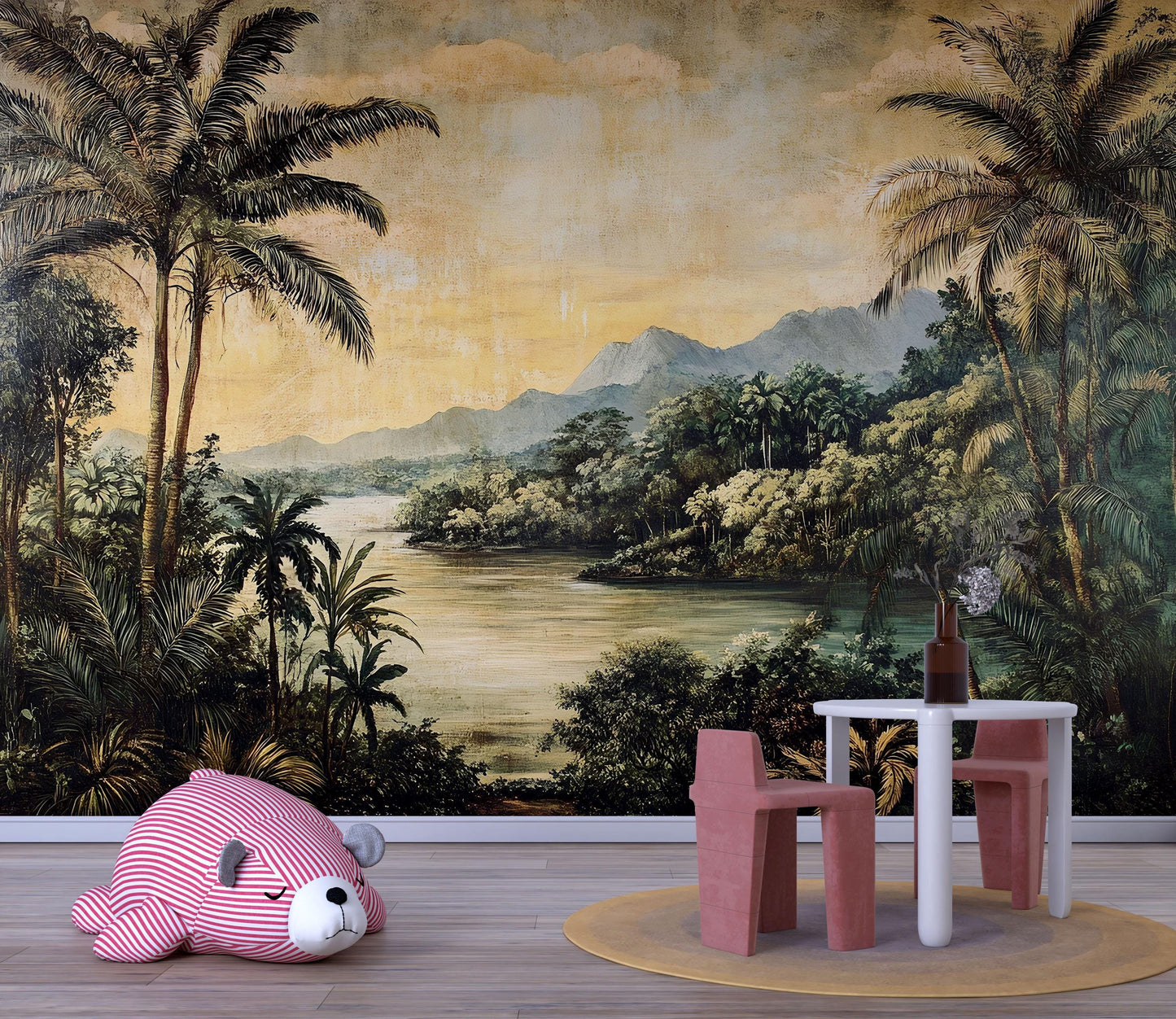 Vintage Tropical Landscape Wall Mural – Rustic Palm Tree River Scene Wallpaper Vn837