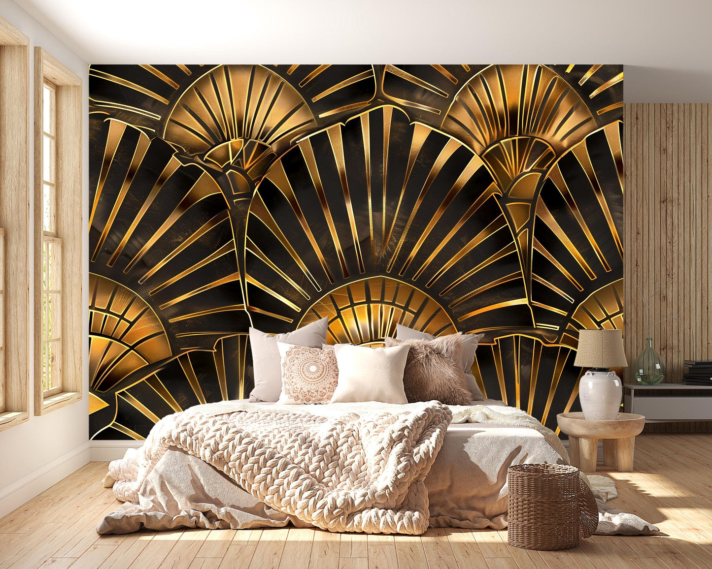 Art Deco Gold Wall Mural – Glam Geometric Fan Wallpaper in Black & Gold Luxury Style Vn1090