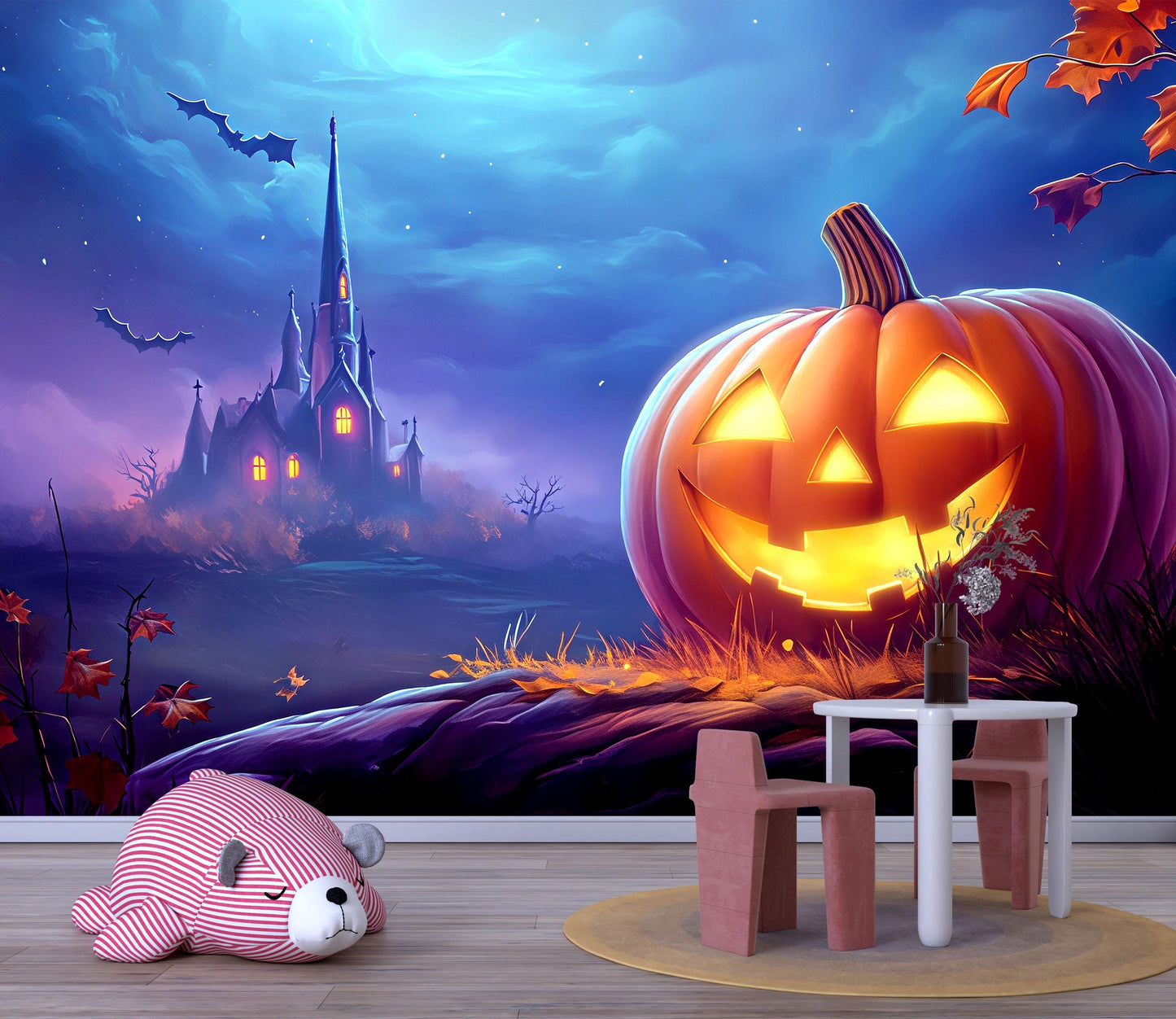 Haunted House & Jack-O’-Lantern Halloween Wall Mural – Spooky Night Scene Vn814