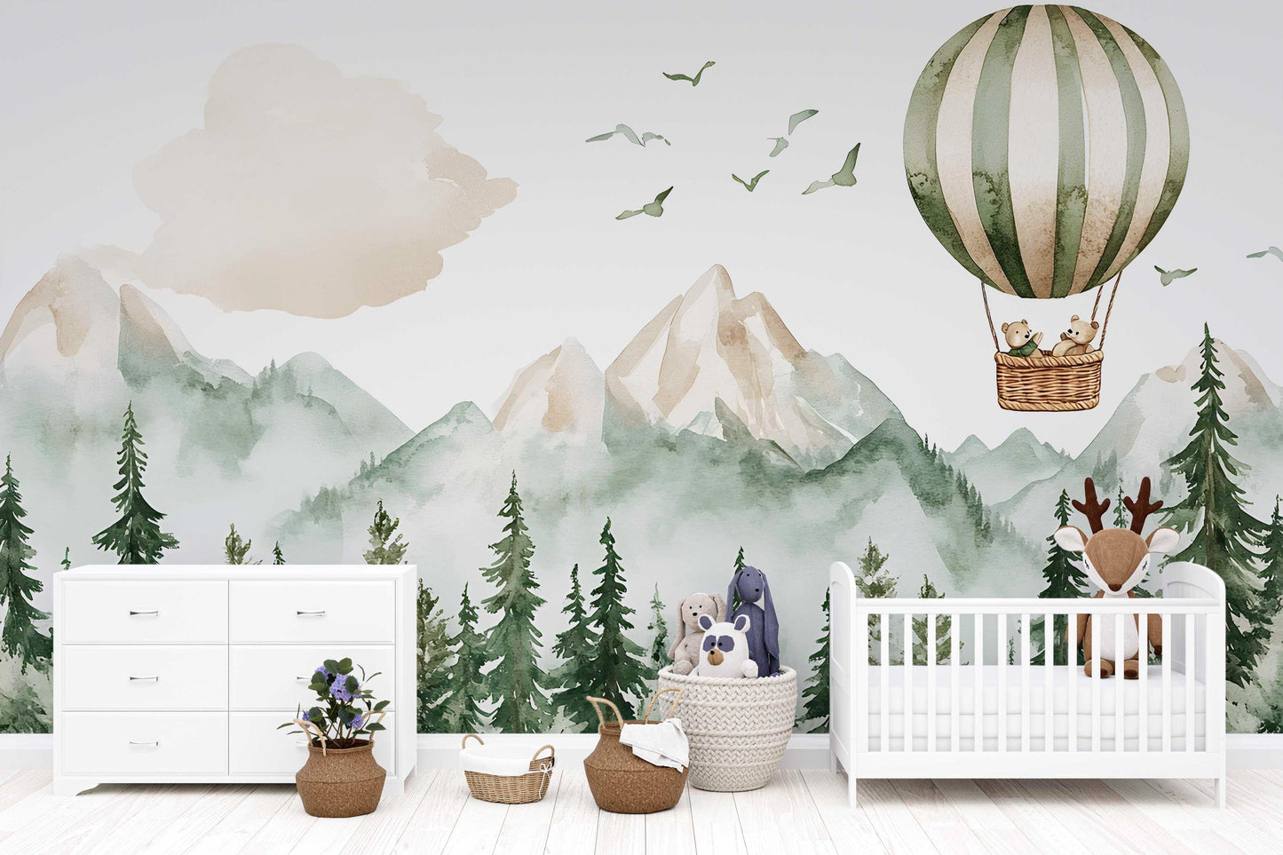 Woodland Forest Mountain Wall Mural for Kids Room – Hot Air Balloon Animal Nursery Wallpaper – Adventure Baby Room Decor Vn444