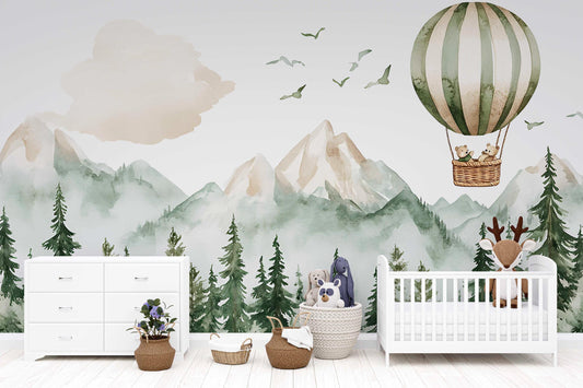 Woodland Forest Mountain Wall Mural for Kids Room – Hot Air Balloon Animal Nursery Wallpaper – Adventure Baby Room Decor Vn444