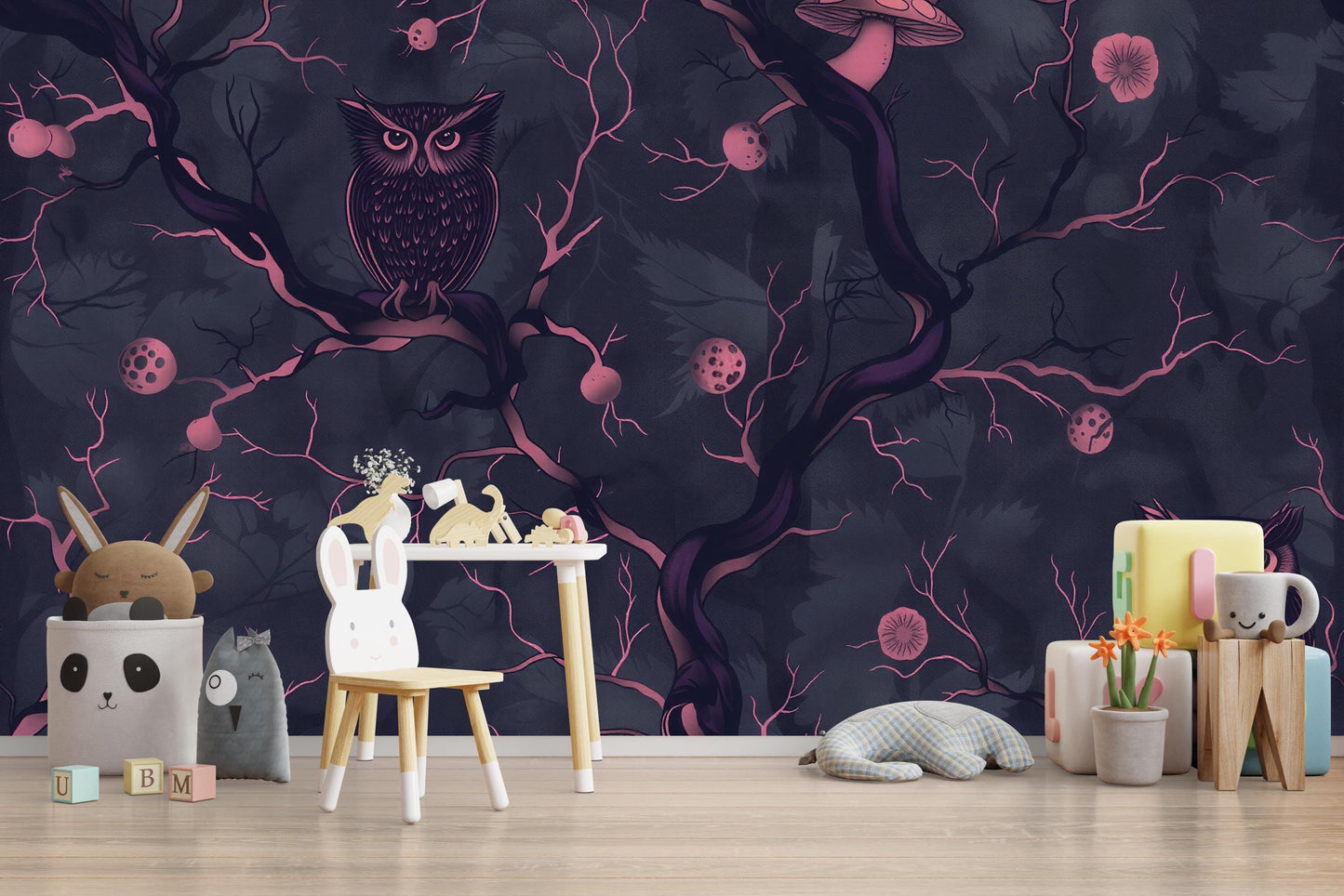 Dark Owl Forest Wallpaper – Enchanted Woodland Wall Mural Vn1096