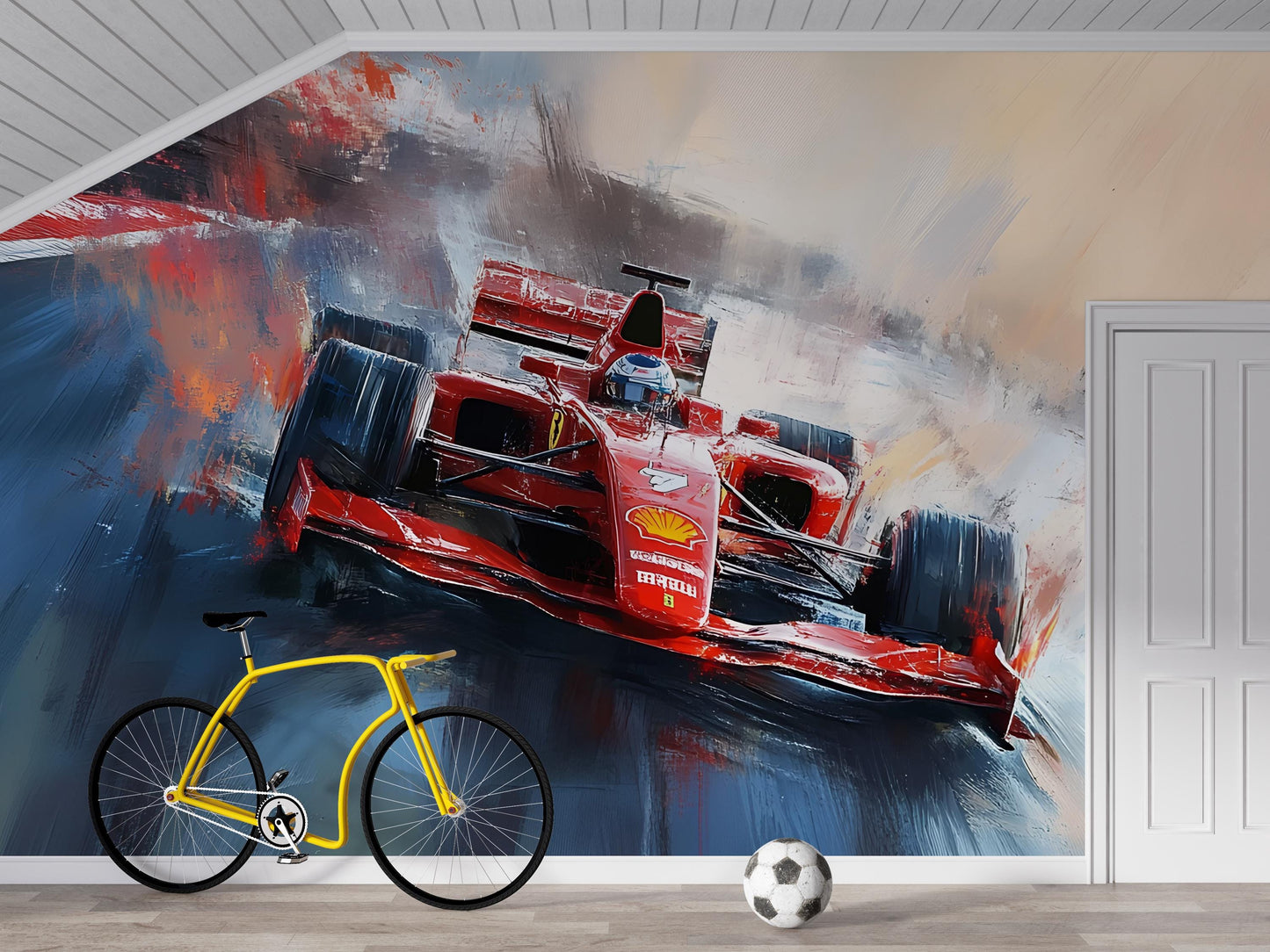 Race Car Wall Mural for Boys Room – Red Formula 1 Style Kids Decor, Sports Car Wallpaper, Racing Bedroom Theme Art Vn372
