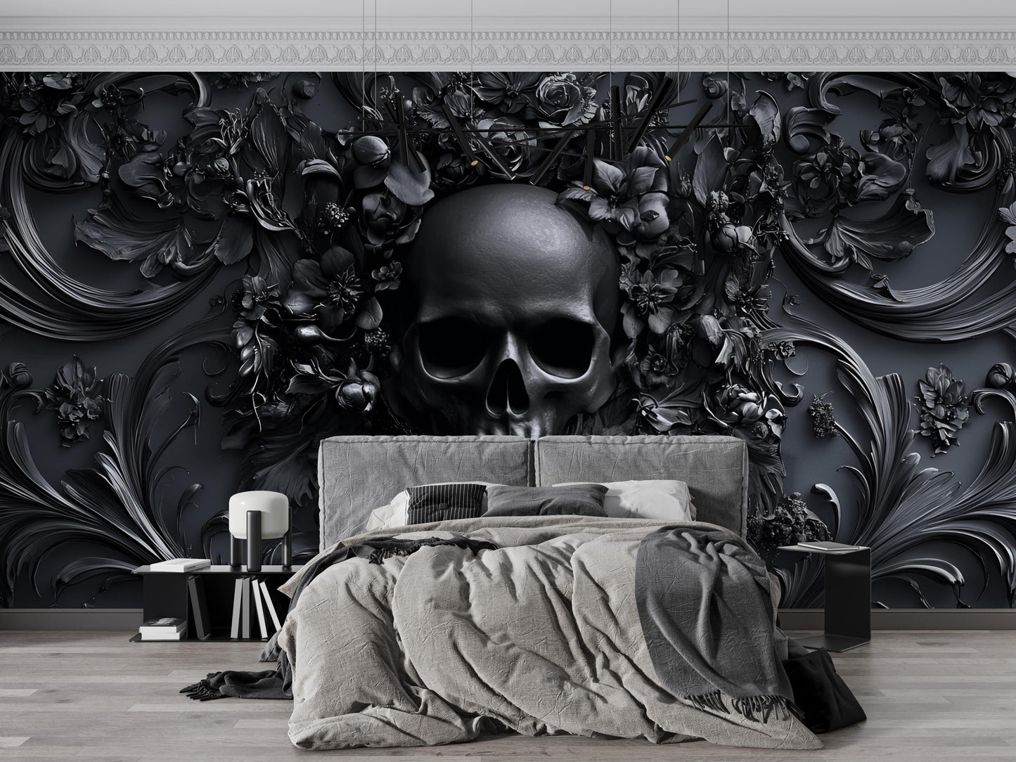 Gothic Skull Wall Mural, Dark Floral Skull Wallpaper, 3D Skull Art Bedroom Decor Vn190