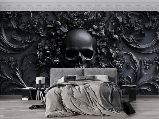 Gothic Skull Wall Mural, Dark Floral Skull Wallpaper, 3D Skull Art Bedroom Decor Vn190