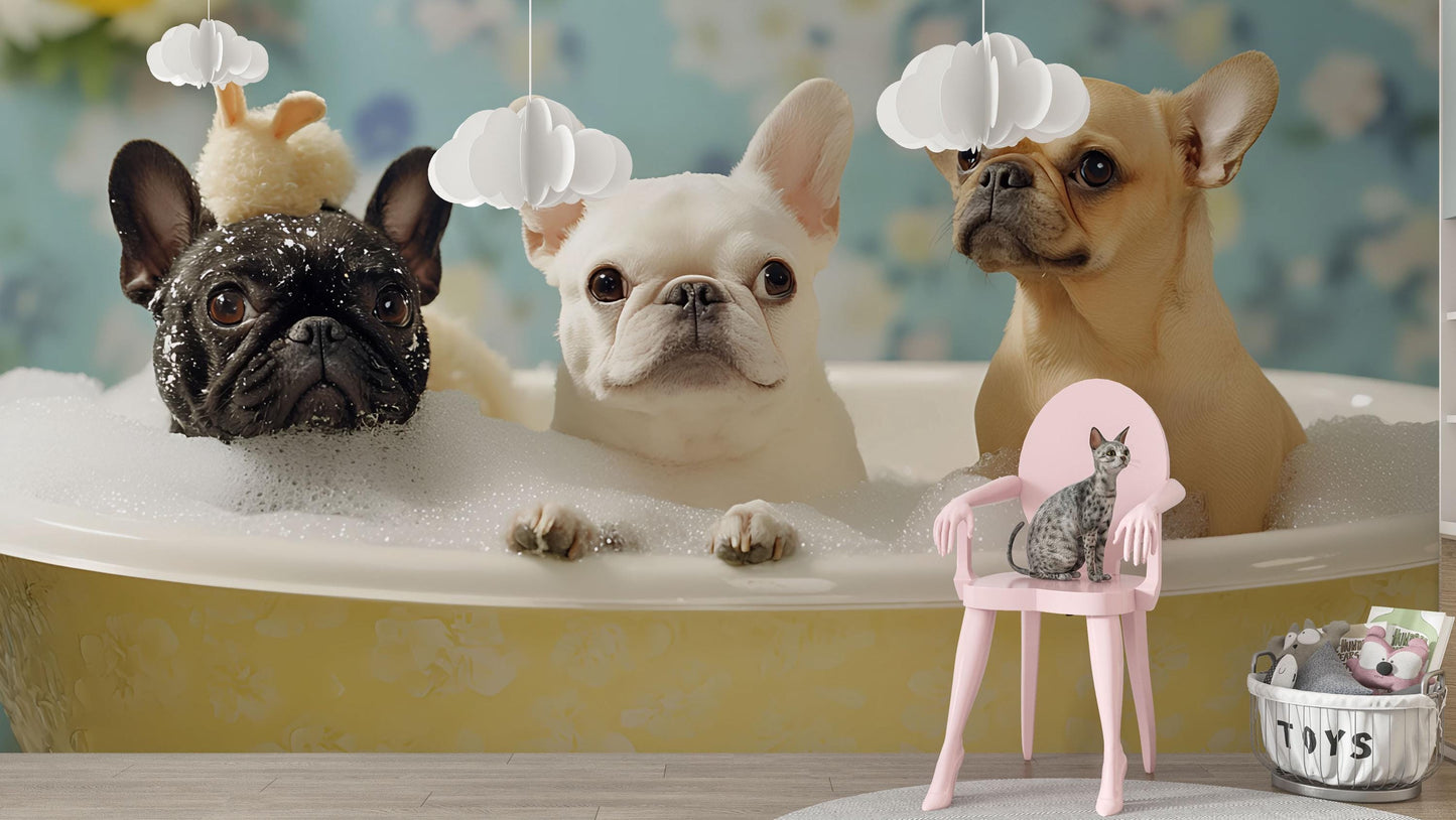 French Bulldog Bathtime Wall Mural – Cute Dog Bathroom Decor, Playful Pet Art for Dog Lovers, Whimsical Animal Wallpaper Vn672
