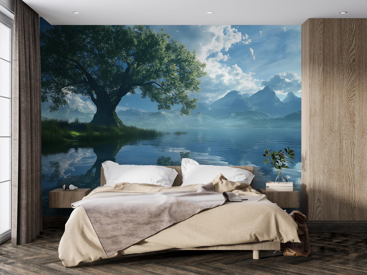 Tranquil Lake Tree Wall Mural – Large Nature Scenic Wallpaper for Bedroom or Living Room – Removable Landscape Art Decor Vn581