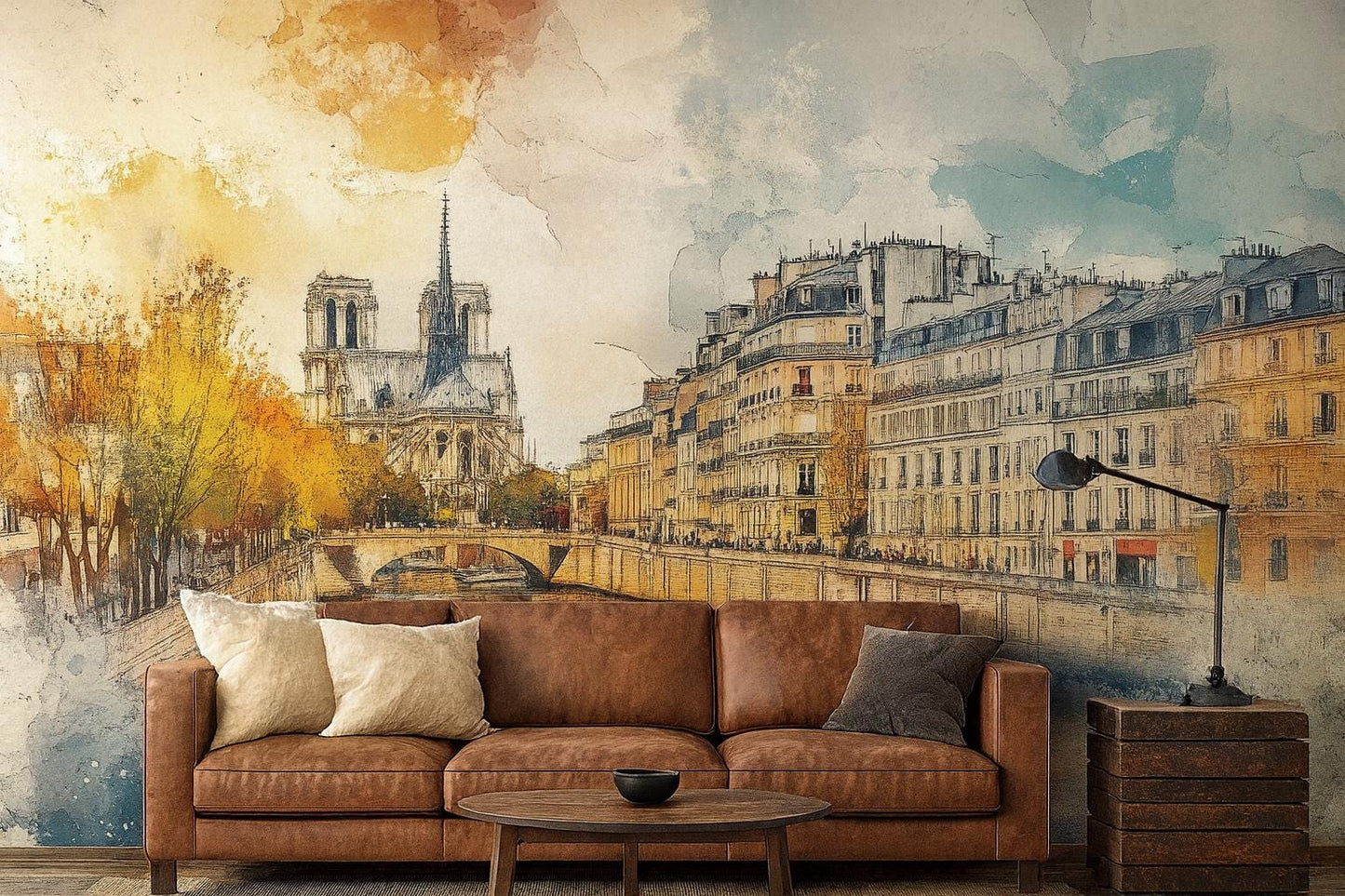 Notre Dame Wall Mural – Paris Watercolor Cityscape Wallpaper Vn929