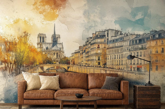 Notre Dame Wall Mural – Paris Watercolor Cityscape Wallpaper Vn929