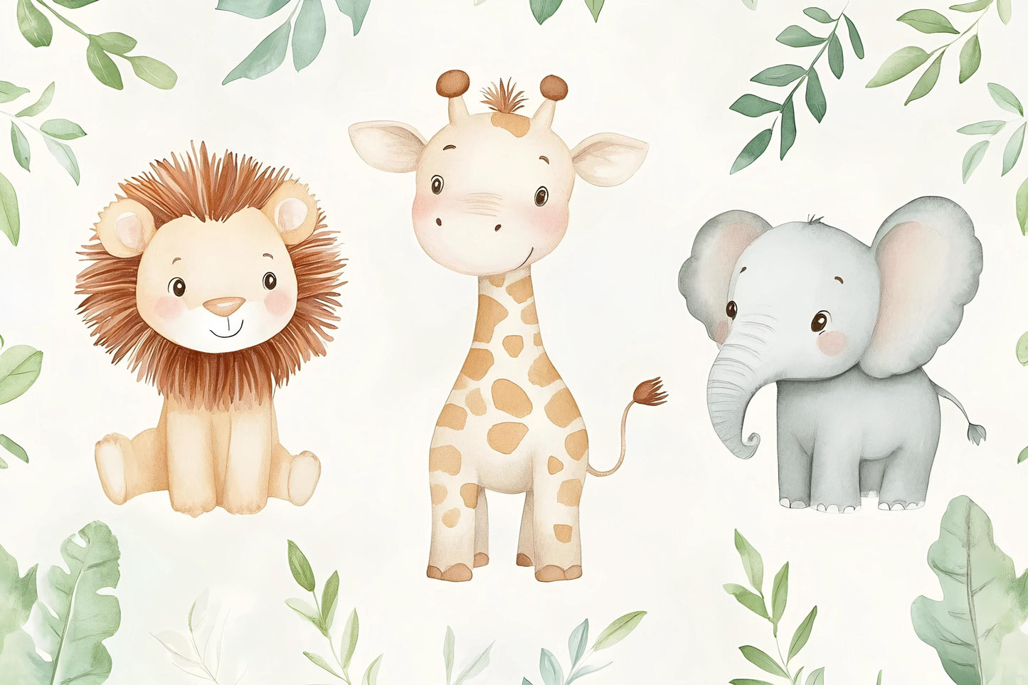 Safari Animal Nursery Mural – Lion Giraffe Elephant Jungle Wallpaper Vn992