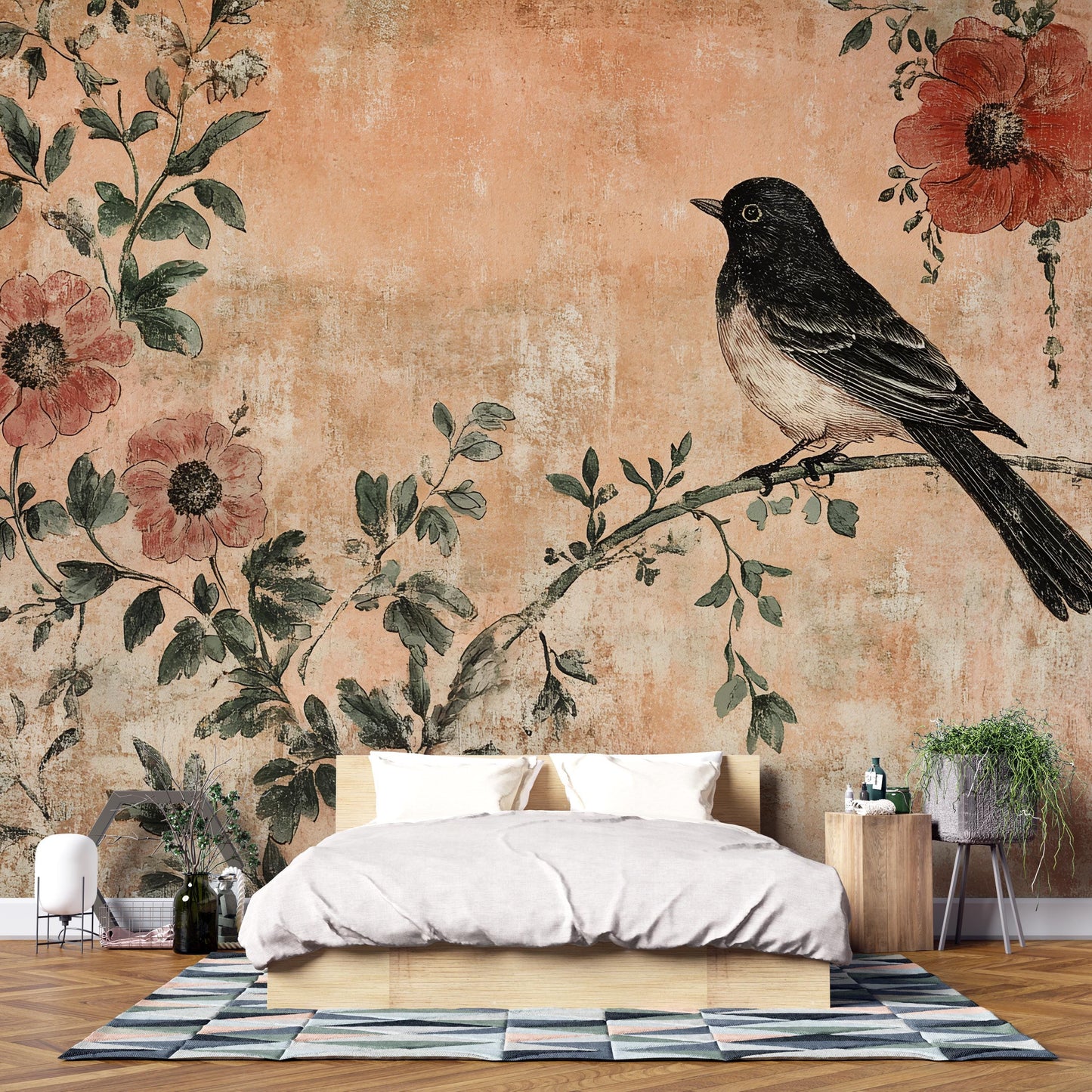 Rustic Bird Mural – Vintage Floral Wallpaper Botanical Wall Art Vn1001