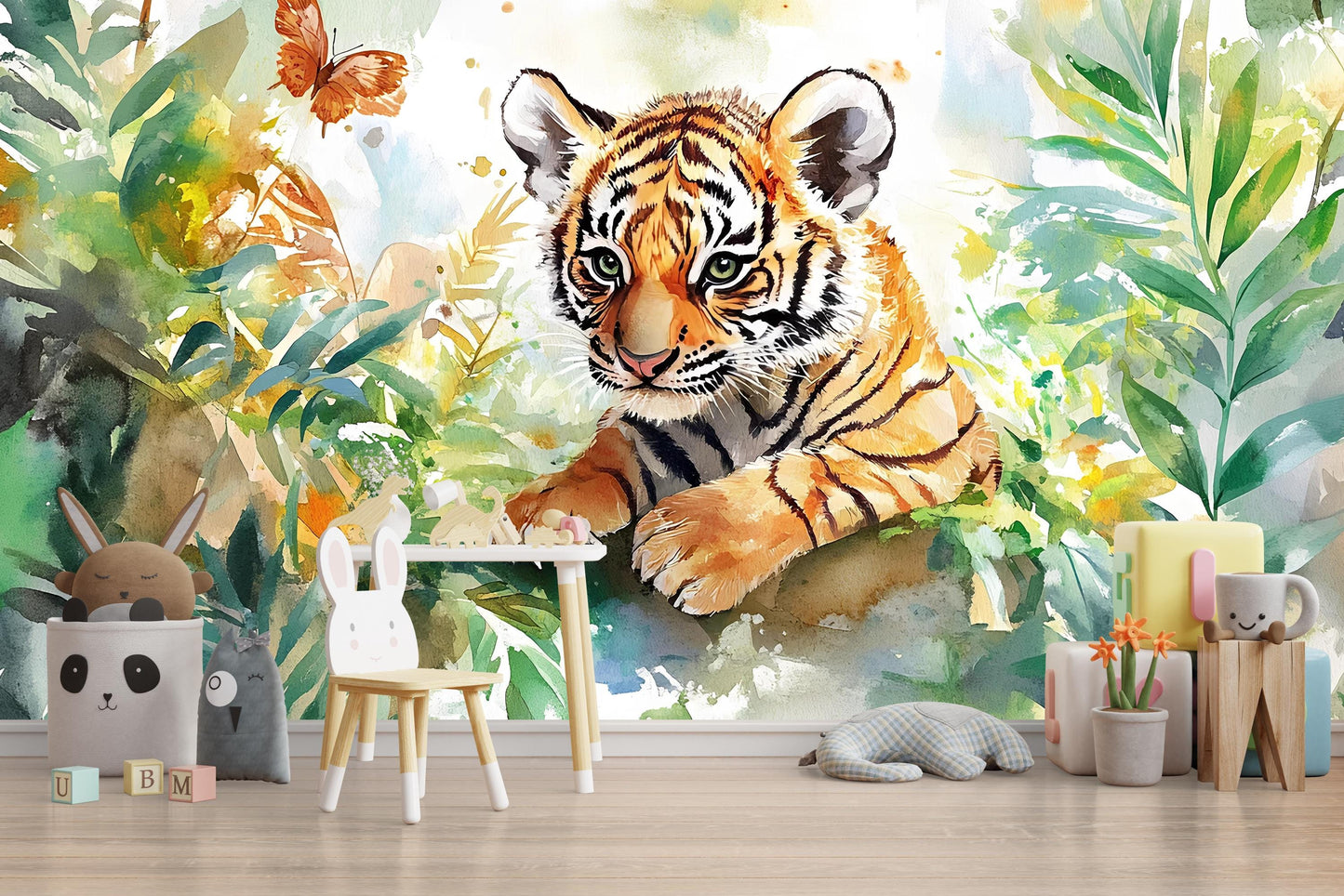 Tiger Cub Jungle Mural – Watercolor Safari Wall Art for Kids Room Vn337