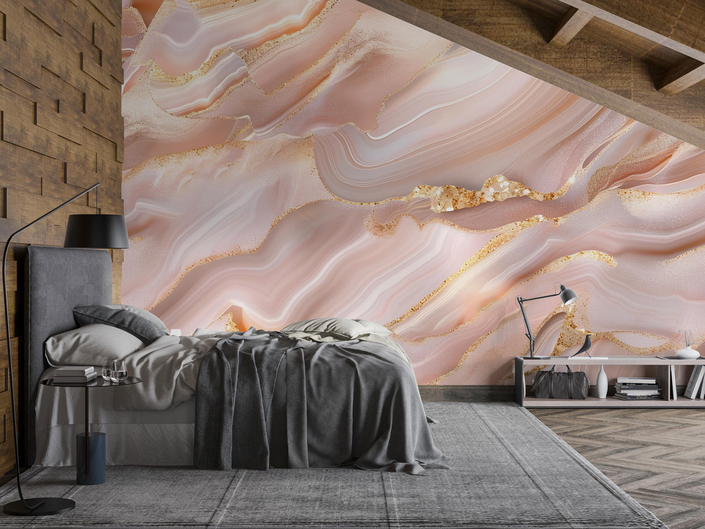 Blush Pink Marble Wall Mural – Luxury Gold Vein Wallpaper for Bedroom, Living Room, Glam Decor Vn1088