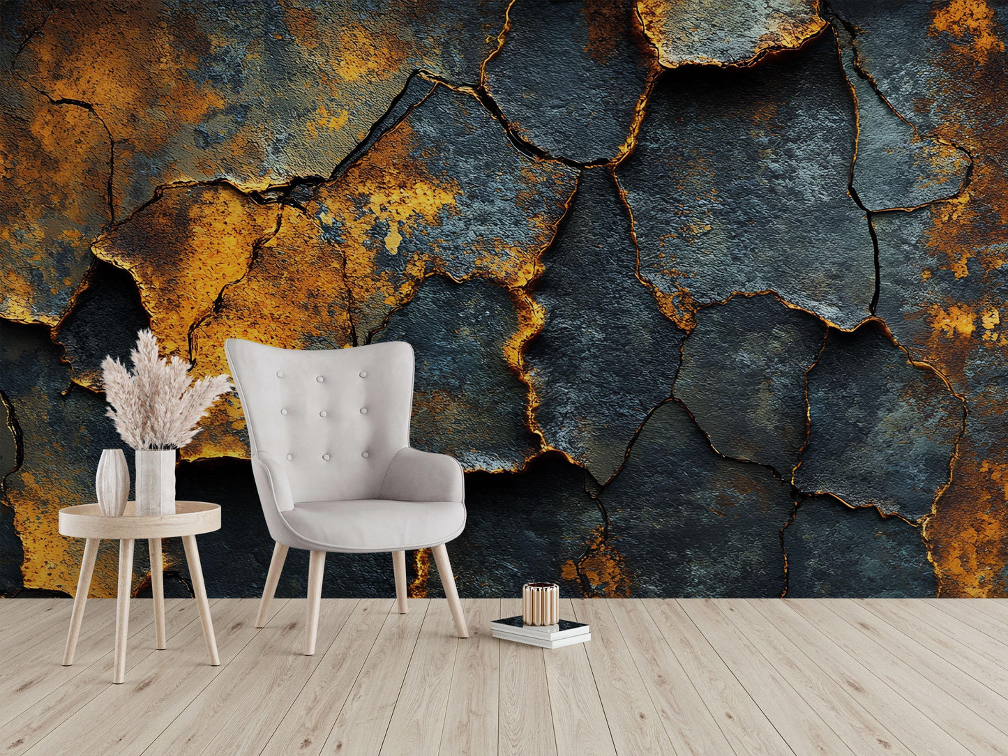 Industrial Rust Texture Wall Mural – Cracked Metal Effect Wallpaper, Grunge Steampunk Wall Art for Living Room or Office Decor Vn597