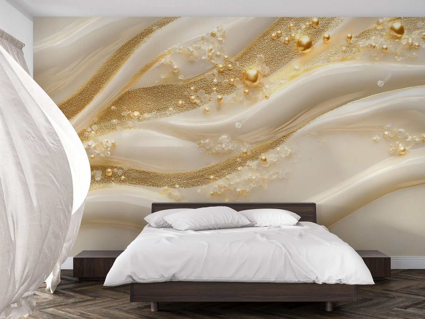 Luxury Gold Pearl Wave Wall Mural – 3D Elegant Cream and Gold Accent Wallpaper Vn776