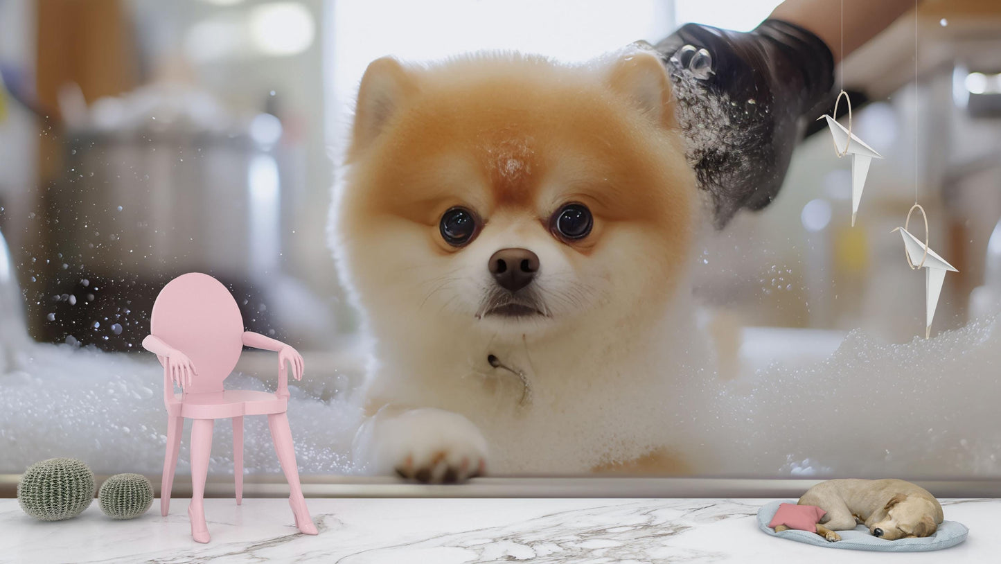 Cute Pomeranian Dog Art Print | Whimsical Pet Bathroom Decor | Surreal Animal Wall Art for Dog Lovers Vn671