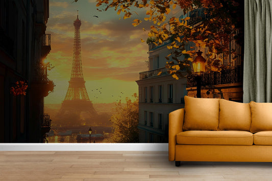 Paris Eiffel Tower Sunset Wall Mural – Romantic Autumn Cityscape Peel and Stick Wallpaper for Living Room or Bedroom Décor Vn064