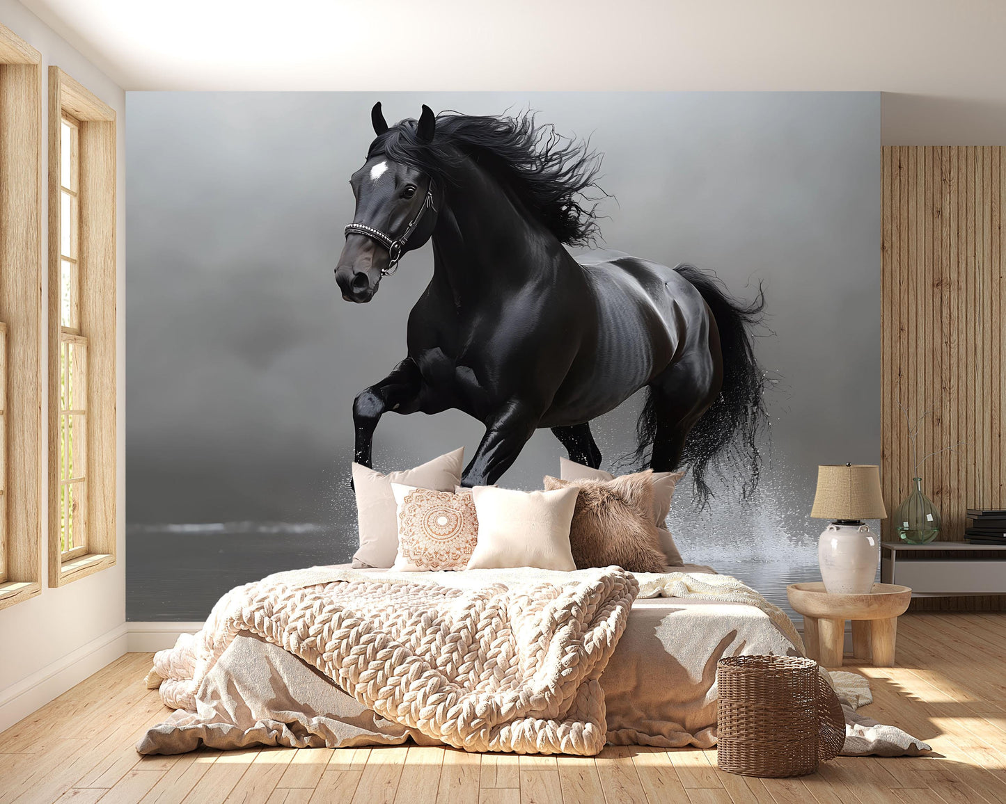 Black Stallion Wall Mural – Majestic Running Horse Wallpaper for Bedroom or Living Room Vn783