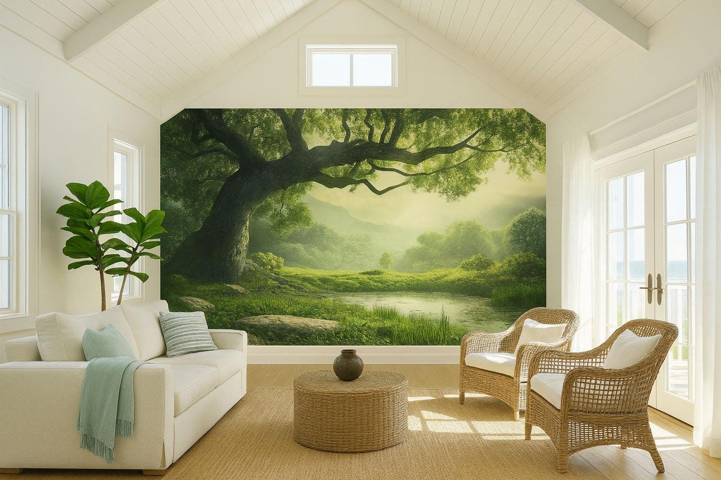 Tranquil Forest Wall Mural – Serene Green Landscape Nature Wallpaper Vn825