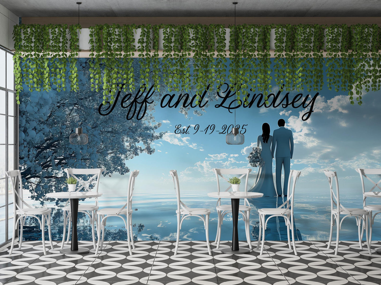 Custom Wedding Wall Art | Jeff and Lindsey Couple Name Sign | Romantic Beach Scene Mural | Established Date Anniversary Gift Decor Vn512