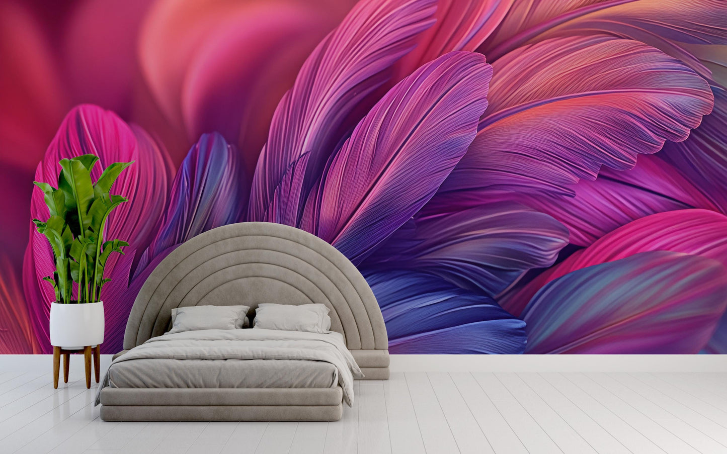 Large Boho Feather Wall Mural - Colorful Pink Purple Bedroom Wallpaper - Removable Peel and Stick Accent Wall Art Vn592