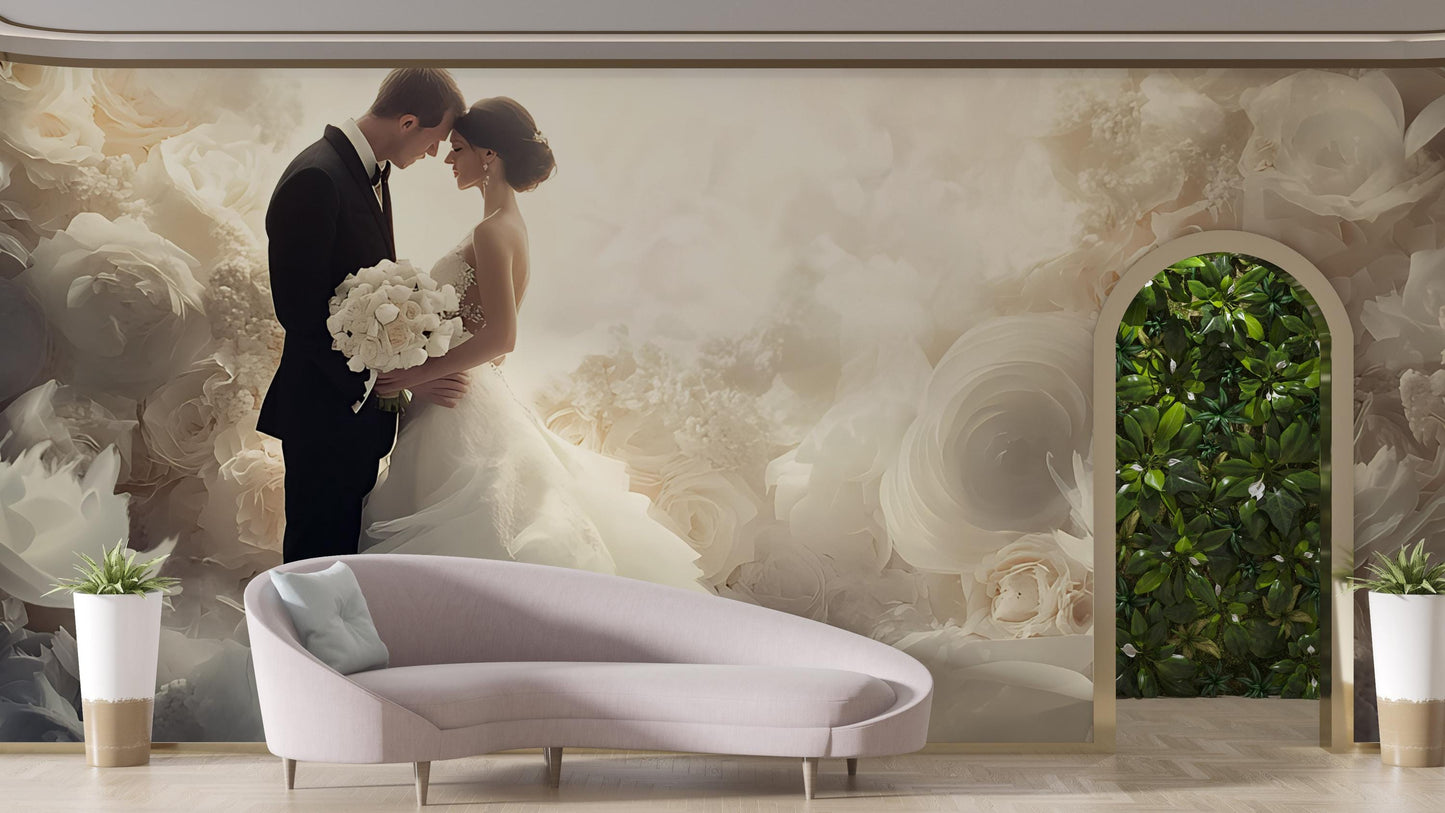 Romantic Wedding Couple Wall Mural – Elegant Floral Bridal Backdrop, Arch Door Nature Design, Custom Wallpaper Art Vn506