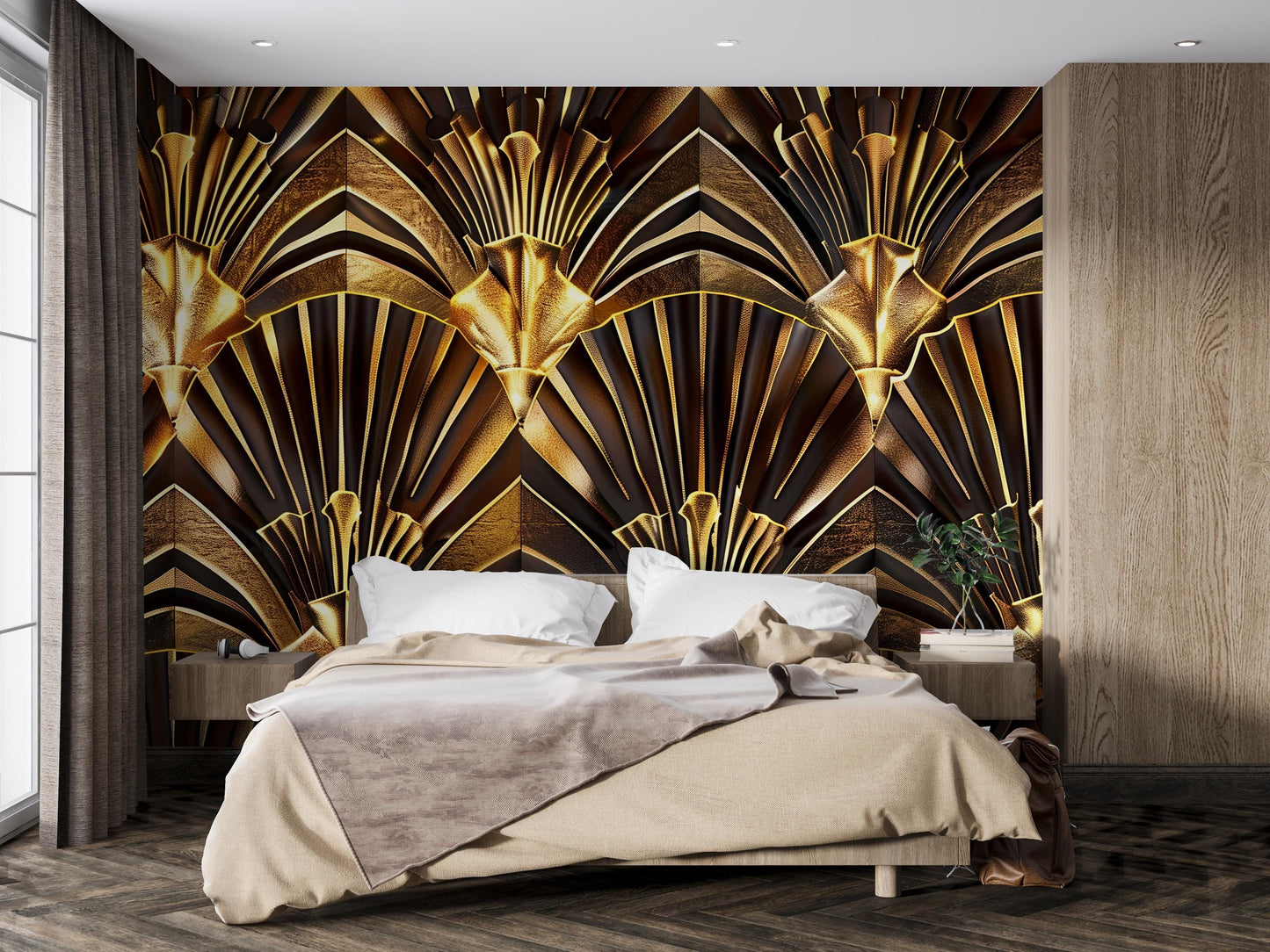Art Deco Wall Mural – Luxury Gold & Black Geometric Wallpaper, Glam Accent Wall Decor for Bedroom, Living Room or Lounge Vn1083