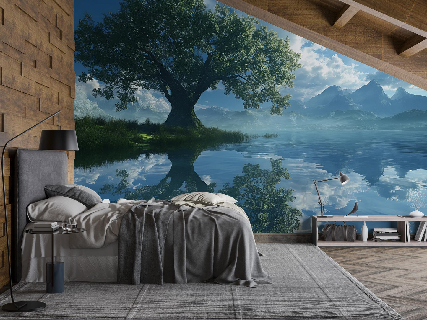 Tranquil Lake Tree Wall Mural – Large Nature Scenic Wallpaper for Bedroom or Living Room – Removable Landscape Art Decor Vn581