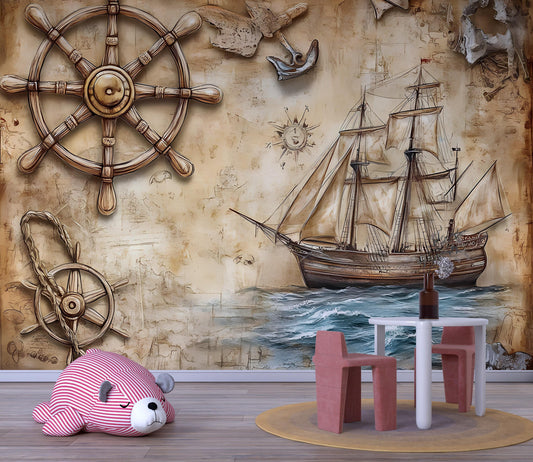 Vintage Nautical Ship Wall Mural – Ocean Pirate Adventure Wallpaper for Kids Room, Nautical Nursery Decor Vn072