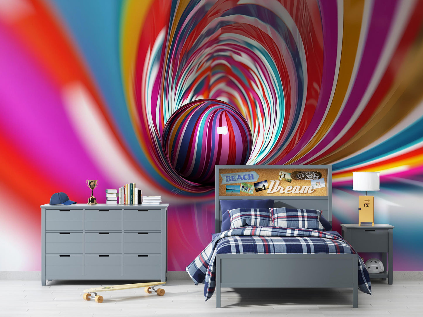 Colorful 3D Tunnel Wall Mural – Rainbow Striped Sphere Wallpaper Vn911