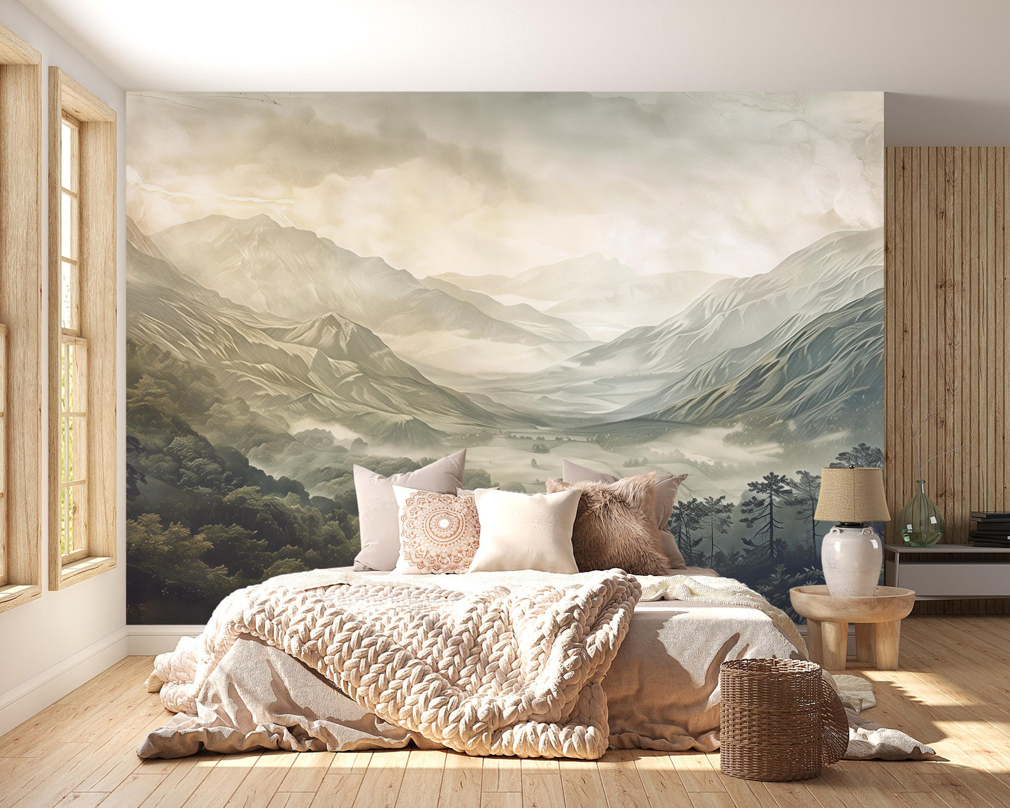 Misty Mountain Wall Mural – Scenic Forest Valley Wallpaper for Bedroom Vn1007