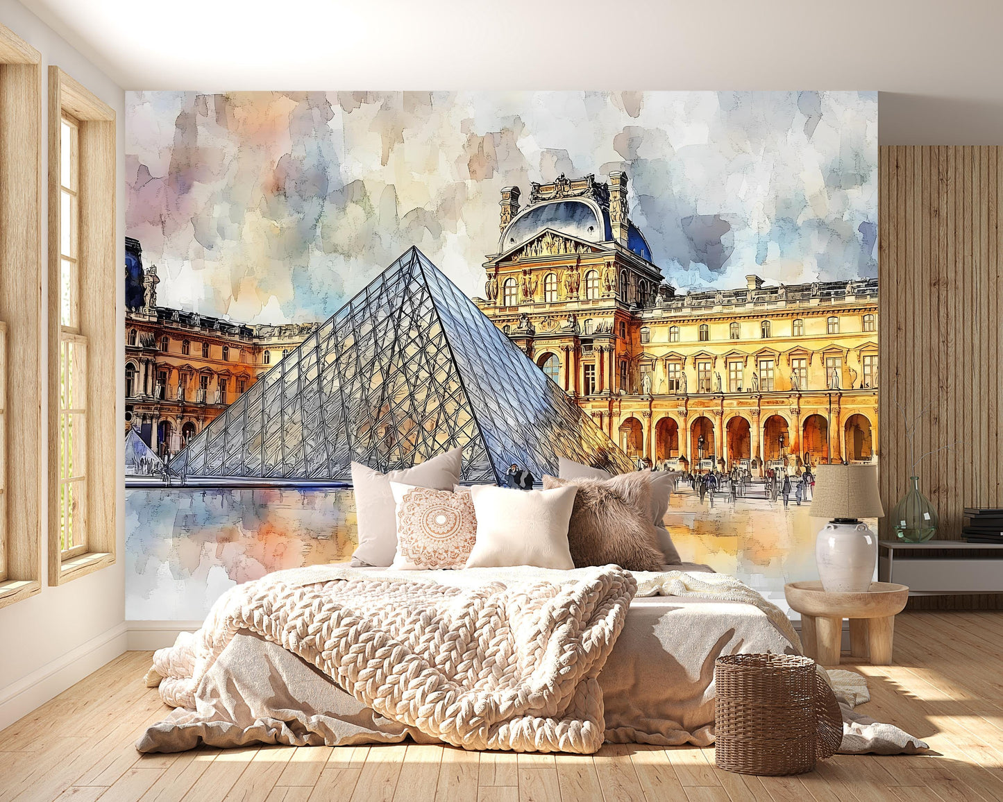 Louvre Pyramid Wall Mural – Paris Watercolor Museum Wallpaper Vn935