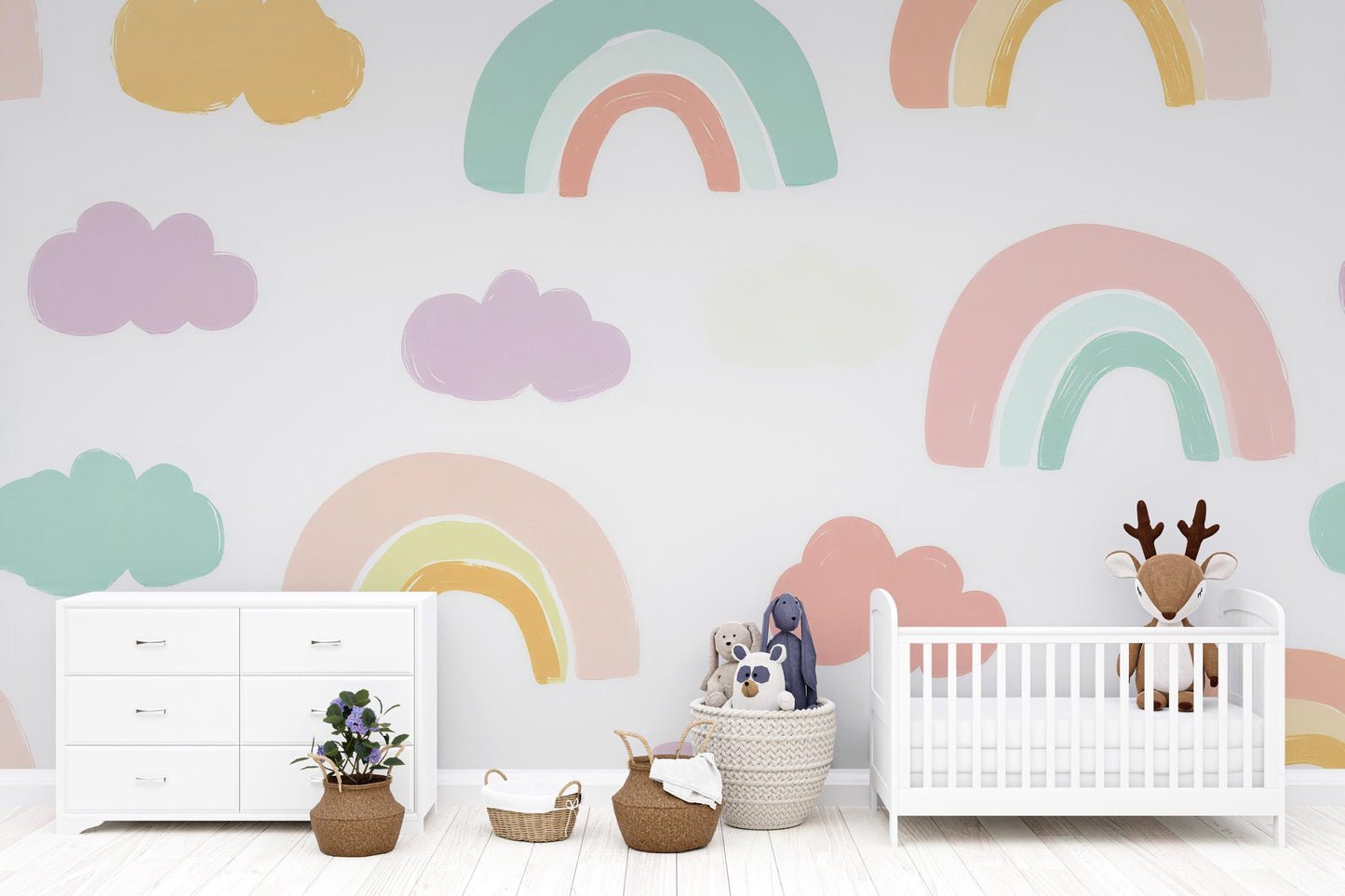 Pastel Rainbow Wall Mural – Cute Kids Room Wallpaper with Clouds for Nursery Decor Vn981