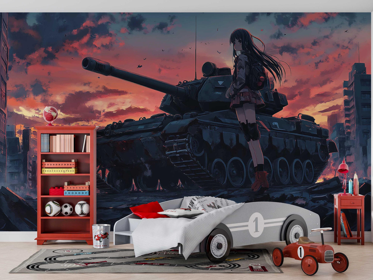 Anime Girl & Tank Wall Mural – Sunset War Scene Art, Japanese Manga Office Decor, Large Anime Wallpaper Poster Vn455