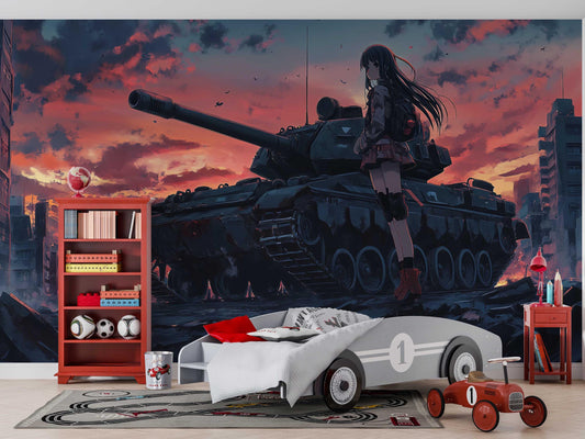 Anime Girl & Tank Wall Mural – Sunset War Scene Art, Japanese Manga Office Decor, Large Anime Wallpaper Poster Vn455