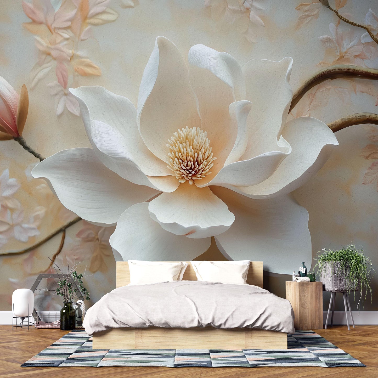 Large Magnolia Flower Mural – 3D Effect Botanical Wall Art for Bedroom or Living Room Vn766