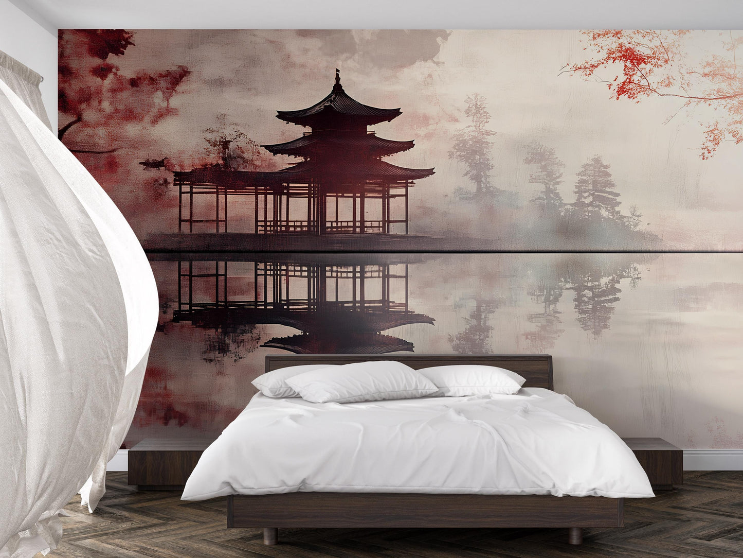 Zen Pagoda Wall Mural – Tranquil Asian Landscape Art for Bedroom, Serene Japanese Temple Decor, Removable Wallpaper Mural Vn490